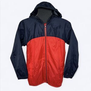 Lands End Kids Packable‎ Windbreaker Sz M Blue Red Rain Jacket Hooded Nautical